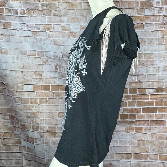 Affliction Women’s Rhinestone Fringe Graphic Short Sleeve T-Shirt- Various -NWT - Picture 3 of 10